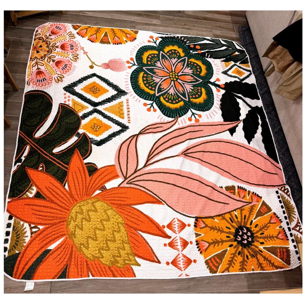 Home & Style Quilted Bedspread King White Floral Tropical Boho MCM Retro Chic